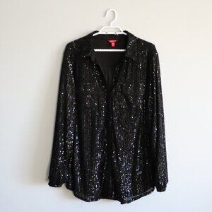 Guess Women's Sz Lrg Black Sequin V-Neck Collared Buttoned Stretch‎ Mini Dress